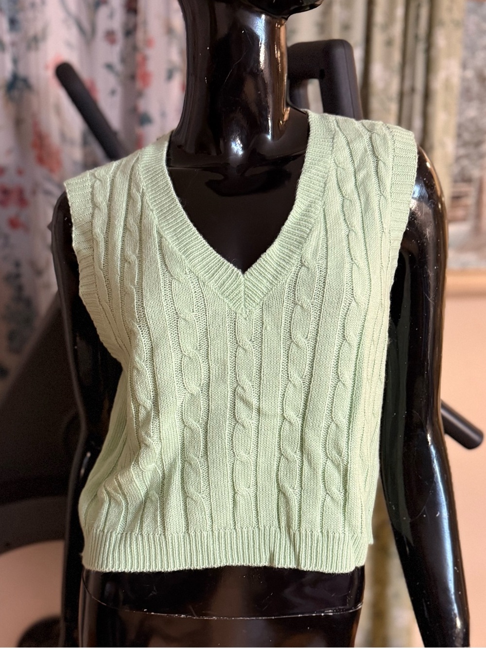 Light Green Cable-Knit V-Neck Sweater Vest